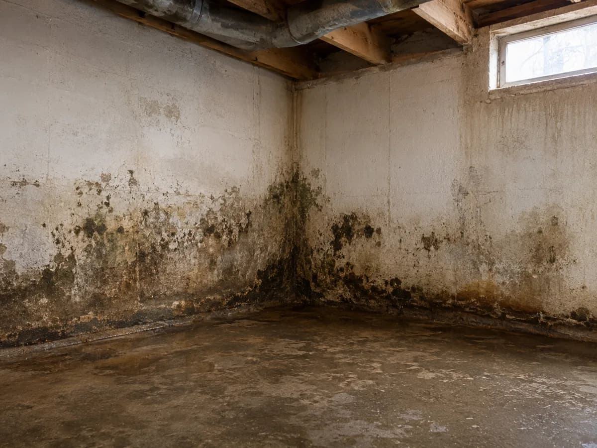 Wet basement wall with moisture damage before waterproofing