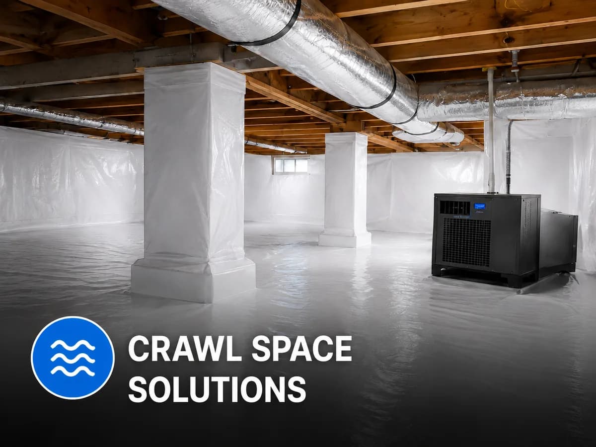 Clean encapsulated crawl space with vapor barrier and dehumidifier