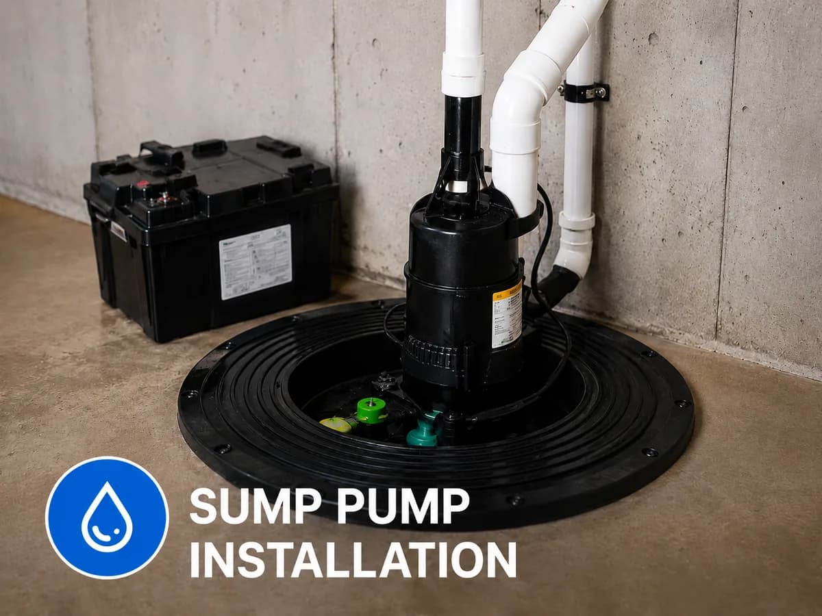 Installed sump pump system with battery backup in a basement